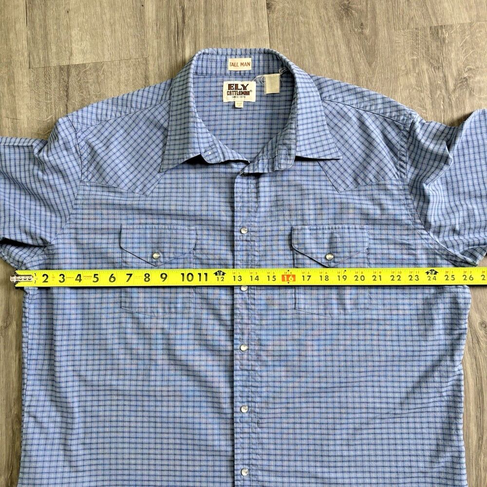 Ely Cattleman Blue Plaid Western Shirt Men's Size 18.5-35 T Pearl Snaps Vintage - Picture 9 of 10